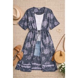 Maurices Floral Kimono Duster Size L Gray Lavender Boho Open Front Tassel Tie